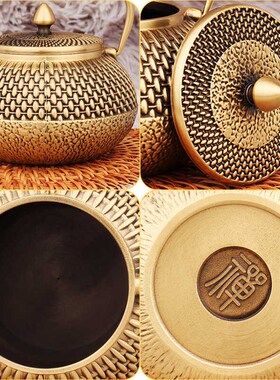 黄铜编制茶壶办公室茶桌面茶具装饰复古铜壶家居摆V件提梁壶工艺