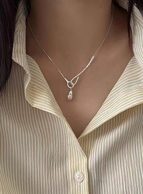 潮小白一字挂钩水滴珍r珠项链女温柔简约小众设计高级轻奢锁骨链