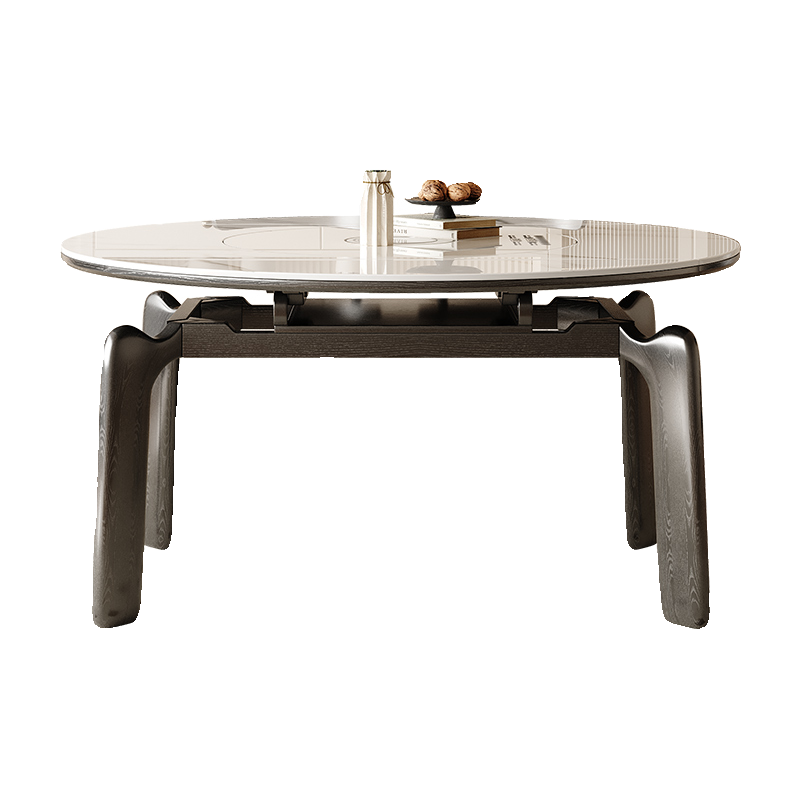 实木餐桌家用新法式奶油小户型多功能带电磁炉可伸缩圆形岩板饭桌 - 图3