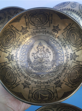 尼泊尔手工颂钵黄财神 药师佛 四臂观音雕刻佛音钵瑜伽冥想钵