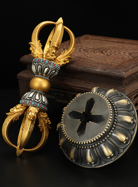 藏式纯银九股金刚杵尼泊尔黄铜五股镀金刚杵摆件佛堂供具精品法器