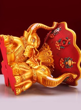 树脂八吉祥三坐象宝钵浮雕花钵碗藏式用品果盘菩萨摆件红黄色碗盆