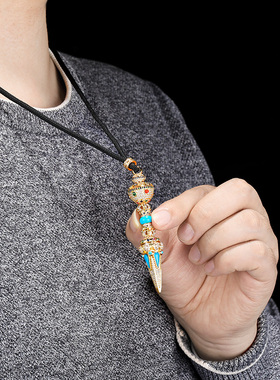 S925纯银金刚降魔杵镶宝石精美吊坠藏传随身吊坠男女款挂件8.5cm