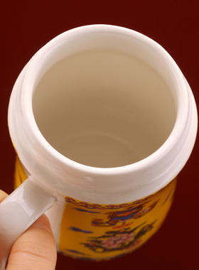 西藏式八吉祥瑞物茶杯茶壶敬水黄白色餐具酥油茶具民族特色陶瓷