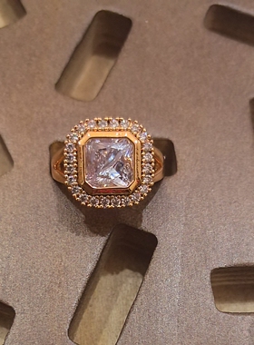 中古vitage铜镀金爆闪黄色白色咖色香槟色方形大蛋面微镶钻戒指