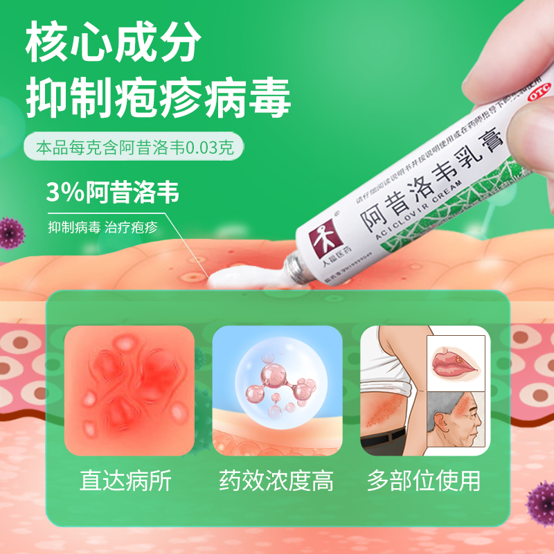 人福医药阿昔洛韦乳膏搭莫匹罗星软膏带状疱疹感染水痘抗病毒药膏