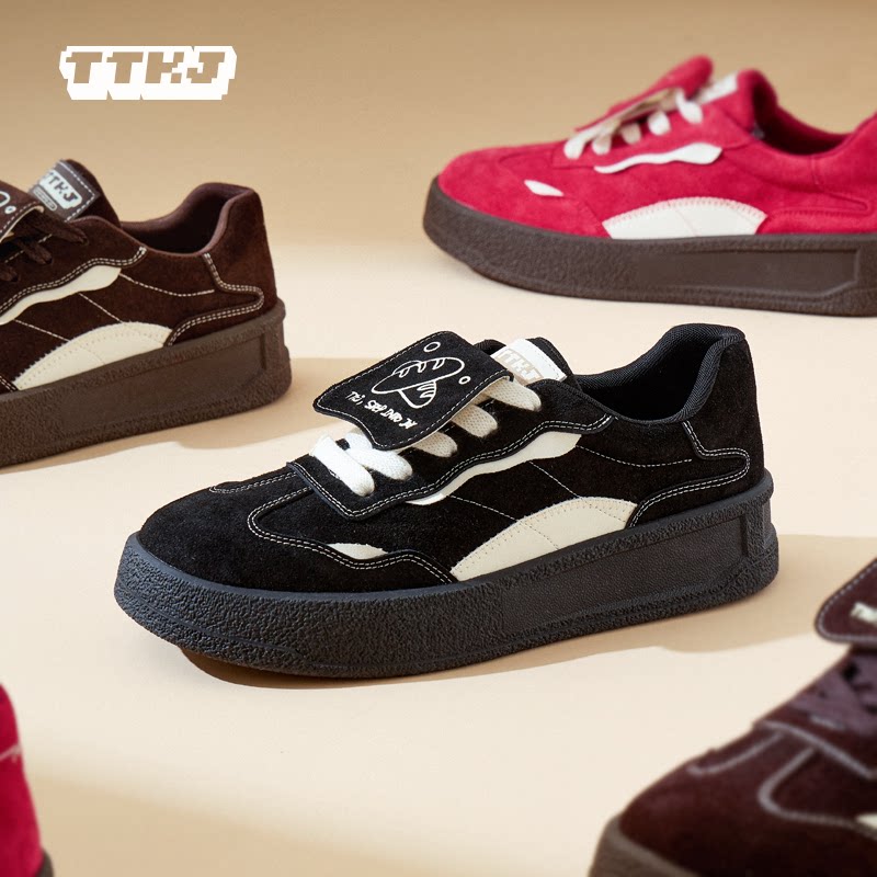 TTKJ黑色德训鞋女2025秋冬新款复古翻盖厚底增高百搭休闲运动鞋子
