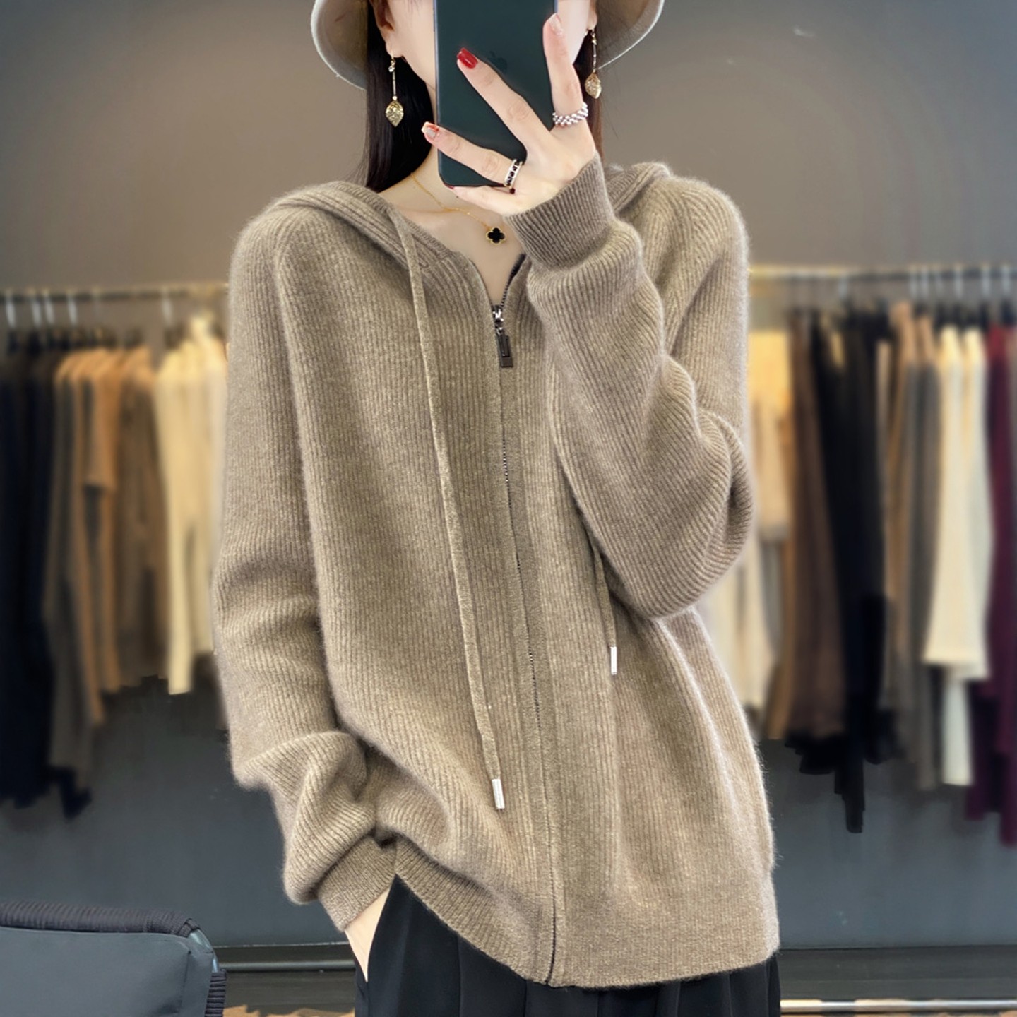 时尚朗姿秋冬新款慵懒风毛衣外套宽松连帽抽条拉链羊绒针织女开衫,淘宝优惠券,粉丝福利购,淘宝优惠卷