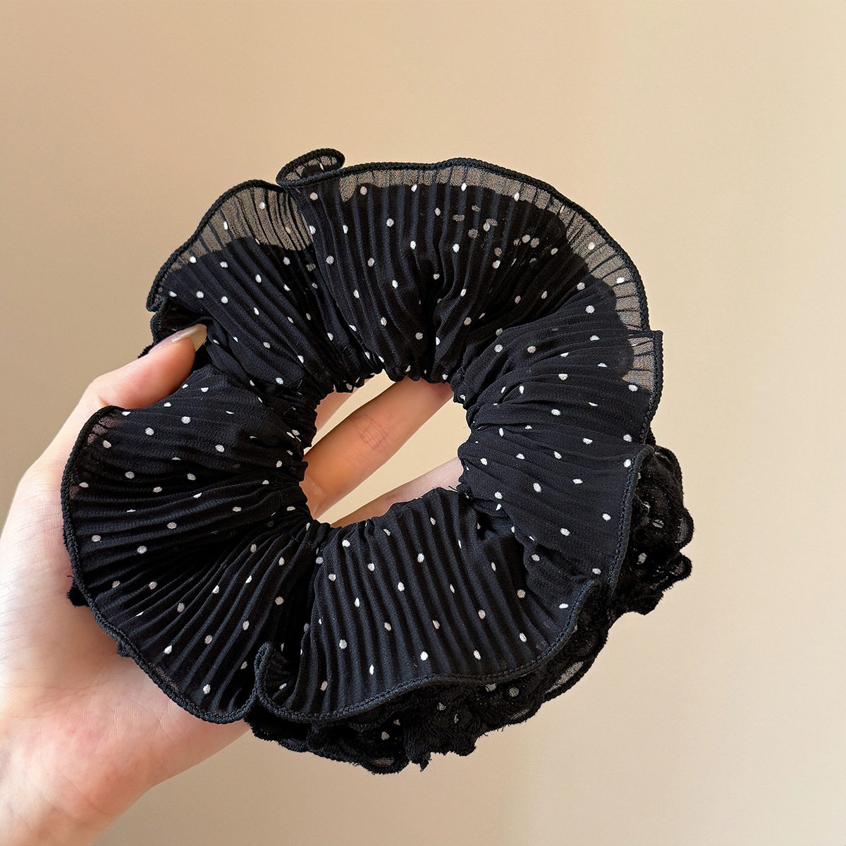 四层网纱蕾丝褶皱大肠发圈黑白波点慵懒风发饰简约百搭出行发绳女,淘宝优惠券,粉丝福利购,淘宝优惠卷