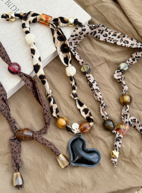 美拉德咖色豹纹串珠丝巾项链女复古小众设计感可调节毛衣链配饰品