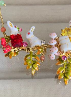 法国珐琅 小众设计春夏梦幻花园2兔子项链耳钉浆果花叶珍珠戒指