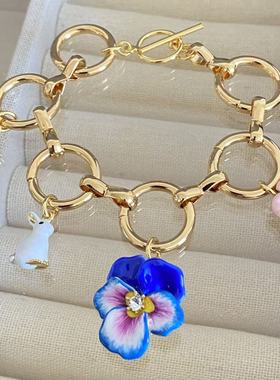 法国珐琅小众三色堇模特走秀款轻奢百搭高级感项链手链