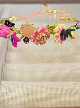 法国珐琅莫奈花园系列花苞手镯半镯重工奢华