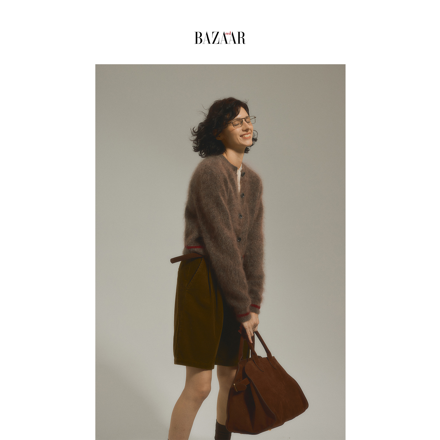 BAZAAR RED时尚芭莎红 马海毛撞色针织开衫女春秋季复古时尚毛衣