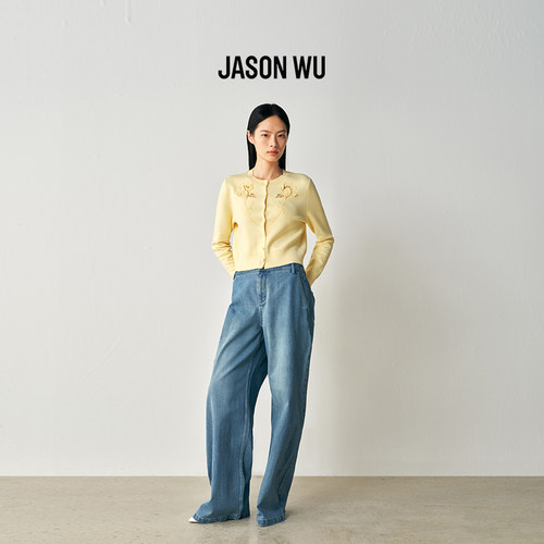 JASON WU2026年春季新款刺绣圆领开衫女士长袖绣花修身毛针织衫 - 图0