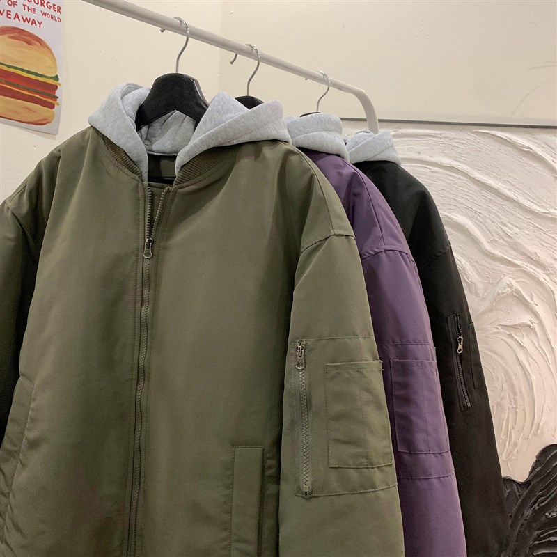 假两件夹克棉衣男2023冬季可拆卸帽外套高街美式军绿Y色保暖面包 - 图3