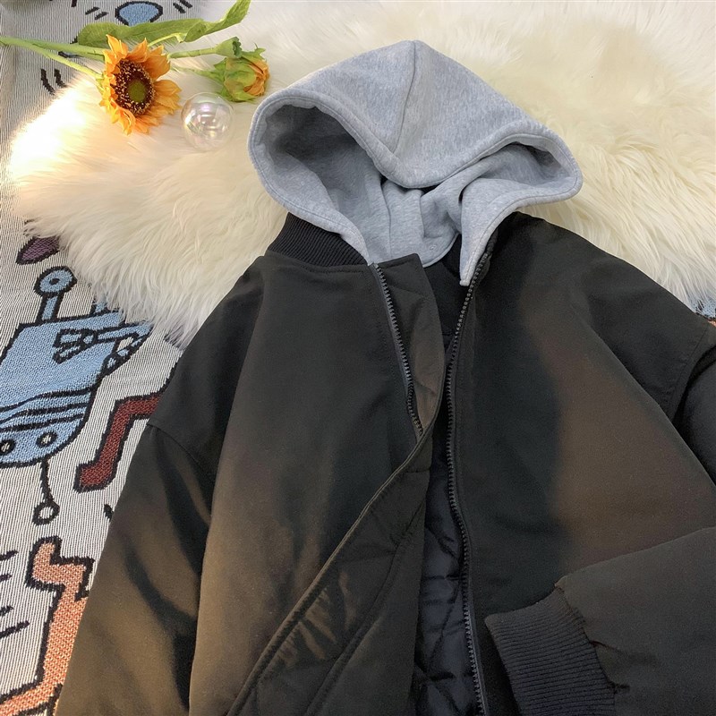 假两件夹克棉衣男2023冬季可拆卸帽外套高街美式军绿Y色保暖面包 - 图0