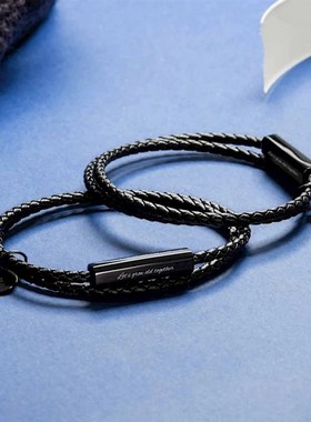 不锈钢编织皮绳情侣手链一对支持刻字七夕情侣手链双圈潮牌手环