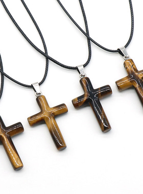 天然石水晶十字架吊坠粉晶东陵玉虎眼石项链挂件男女款饰品锁骨链