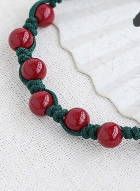 民族风文艺国潮天然朱砂手串男女情侣纯银手链本命年红绳礼物手绳