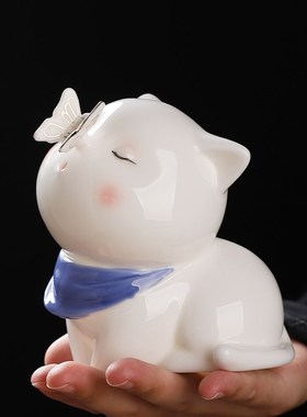 陶瓷可爱小猫咪摆件 创意书桌办公室工位解压桌面动物轻奢装饰品