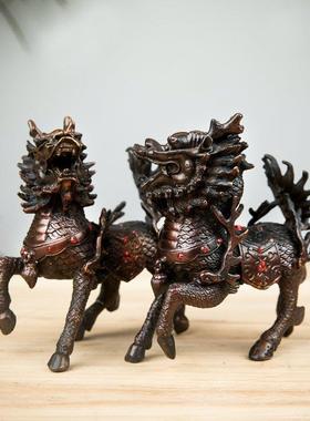 铜麒麟摆件一对大号 火麒麟招财客厅办公室家居饰品玄关工艺摆设