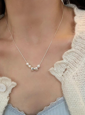 EARMOON 淡水珍珠蝴蝶结项链女法式复古轻奢优雅时尚颈链锁骨链