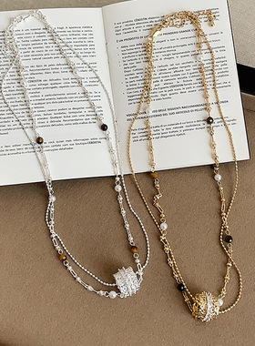 双层虎眼石珍珠锆石圈圈项链女轻奢气质百搭时尚颈链锁骨链毛衣链