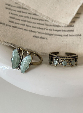 EARMOON 中古风轻奢高级感滴油蝴蝶花朵开口戒指女个性时尚戒指