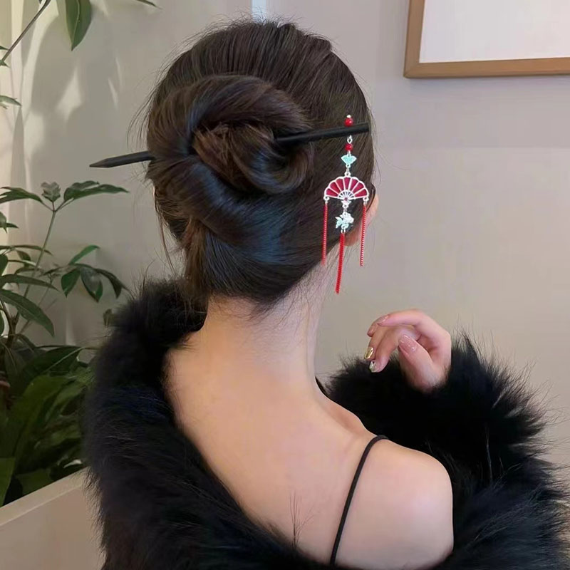 秋冬红色扇子流苏木质发簪高级感盘发女古风旗袍汉服新年头饰发钗 - 图2