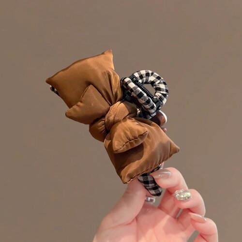 2025新款棕咖AB面抓夹格纹小熊仔蝴蝶结发夹大号鲨鱼夹女发饰头饰 - 图0