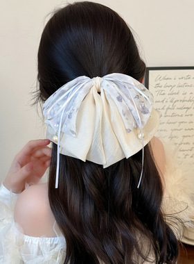 夏季新款小清新蝴蝶结抓夹女蓝色碎花飘带马尾夹后脑勺半扎发发夹