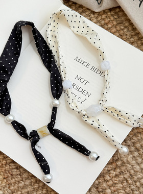 韩系波点串珠丝巾项链女小众设计感可调节布艺锁骨链系脖围巾配饰