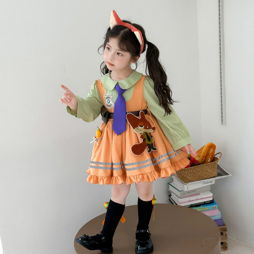 女童疯狂动物城朱迪连衣裙演出服春秋女童兔子警官cos服装尼克裙 - 图0
