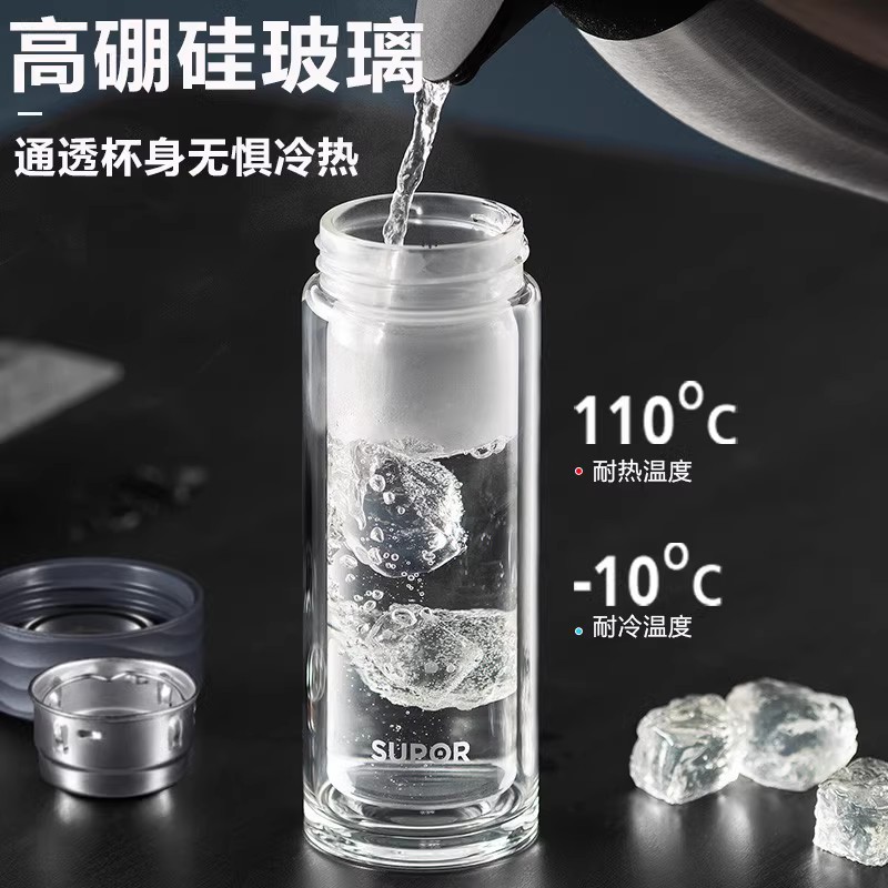 苏泊尔玻璃杯大容量家用男士双层便携透明茶水杯双盖高档商务杯