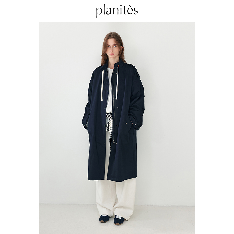 PLANITES vol.9 纯棉高密斜纹 撞色抽绳藏青工装风衣外套女