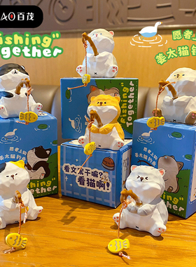 百茂木雕风姜太猫钓鱼办公室桌面小摆件家居装饰品汽车用品礼物
