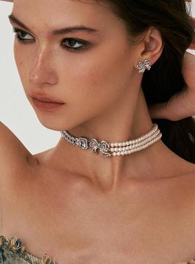 23年新款设计小众复古简约高级感蝴蝶结珍珠锆石拼接choker