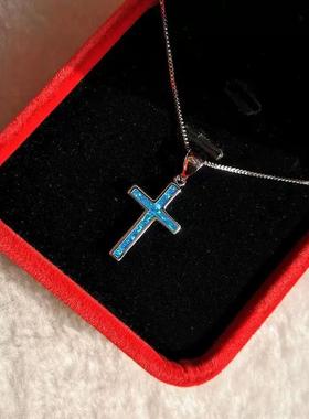 波提切利 银色十字架欧泊项链 彩宝澳宝复古宫廷opal欧珀个性