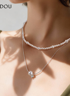 阿吉豆AJIDOU项链女款星河璀璨双层叠戴珍珠锆石锁骨链轻奢短复链