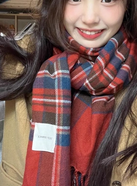 蓝咖色流苏加长款春秋千鸟格子