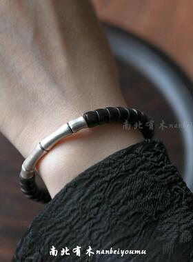 原创节节高紫光檀药片手串天然黑檀木直切绿檀足银单圈文玩手链