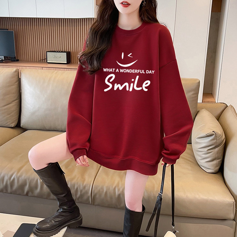 新年衣服圆领红色加绒卫衣女秋冬无帽新款长袖宽松上衣大码女装潮,淘宝优惠券,粉丝福利购,淘宝优惠卷