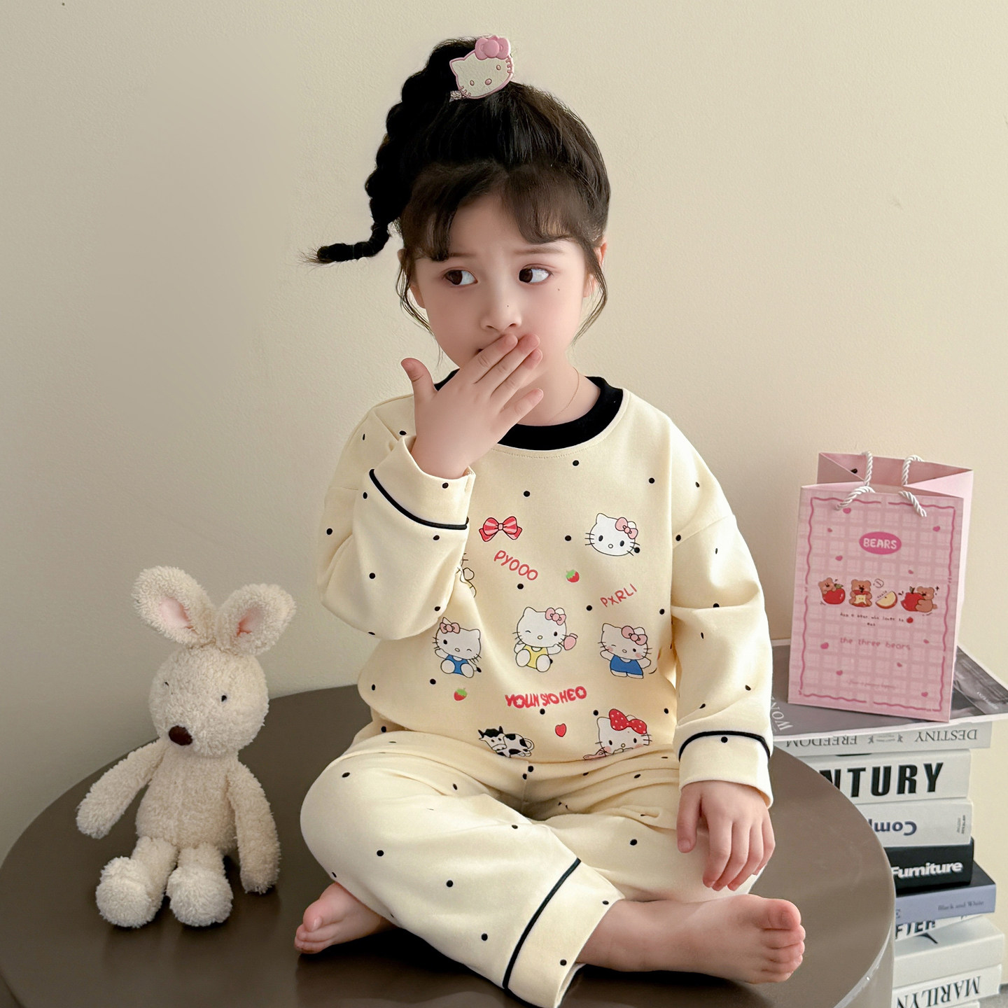 女童睡衣2025新款春秋儿童女宝宝家居服套装纯棉可爱KT猫长袖长裤,淘宝优惠券,粉丝福利购,淘宝优惠卷