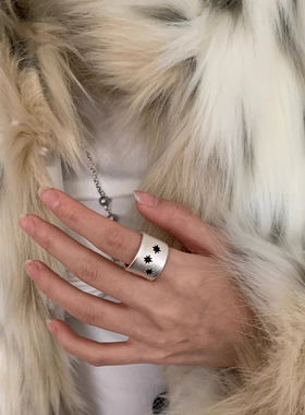 中古银色哑光八芒星宽面戒指小众