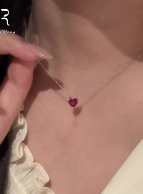 S925纯银玫红色爱心项链韩系简约