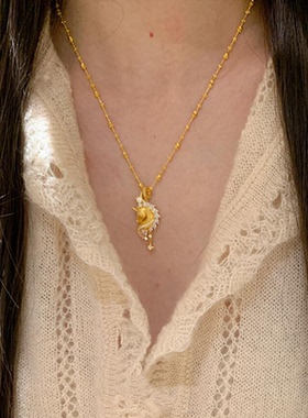 中古金色独角兽吊坠项链女高级感