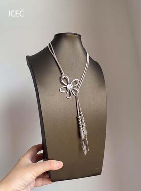 S925银镂空花朵树叶流苏项链小众