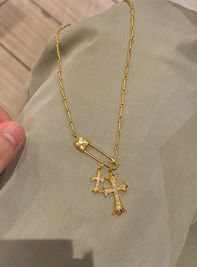 金色复古别针十字架吊坠项链女款