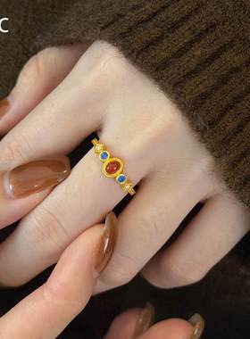 新中式宫廷风花丝红椭圆蛋面戒指